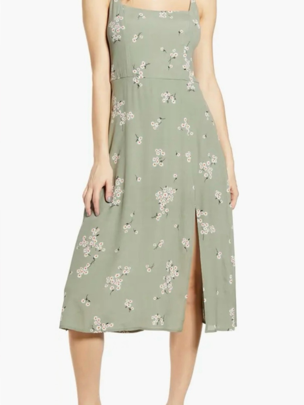NWT Nordstrom Sage Green Floral Square-Neck Midi Sundress Dress